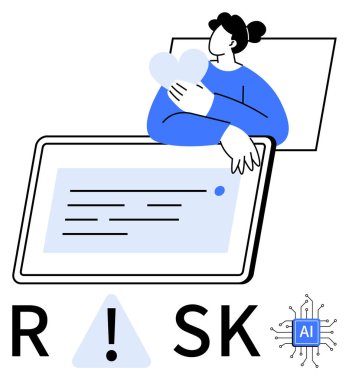 Kalp şeklinde, tablet ekranda yazı, yapay zeka çipi simgesi, ünlem işareti olan RISK metni. Yapay zeka etiği, duygusal yapay zeka, risk yönetimi, teknoloji farkındalığı, veri güvenliği yapay zekası için ideal