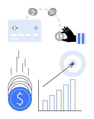 Ödeme kartı, el ele tutuşan paralar, işlem oku, bozuk para yığını, bar çizelgesi artıyor, hedef okla vuruldu. Finans, işlemler, yatırımlar için ideal Tasarruf başarısı işi