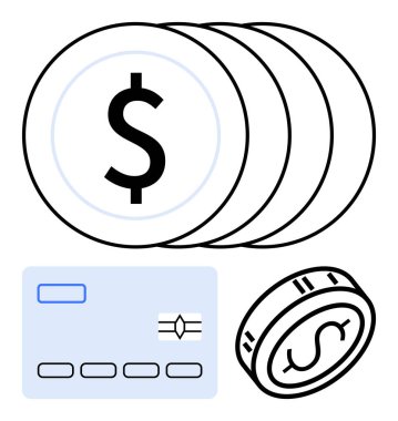 Kredi kartı, yığınla bozuk para ve dolar işaretini gösteren tek bir bozuk para. Bankacılık, ödemeler, tasarruflar, yatırımlar, e-ticaret finansal eğitim bütçe planlaması için idealdir. Satır metaforu