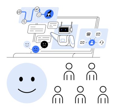 Laptop konuşmasındaki yapay zeka sohbet robotu kullanıcı simgelerini, duygularını kabartır. Yapay zeka, sohbet robotu, sosyal medya, çevrimiçi destek, geri bildirim, dijital iletişim, kullanıcı etkileşimi için ideal. Satır metaforu