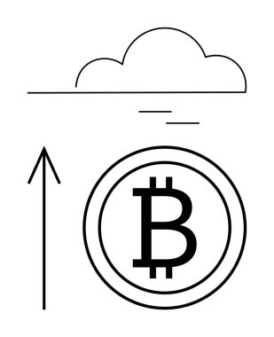 Bir dairenin içinde yukarı doğru ok ve bulut çizgisi olan bitcoin sembolü. Kripto para birimi eğilimleri, finans büyümesi, engelleme teknolojisi, piyasa analizi, fütüristik yatırımlar, finansal