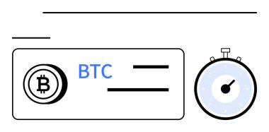 Bitcoin sembolü BTC metin ve kronometre hızlı işlemleri temsil ediyor. Kripto para birimi, engelleme teknolojisi, finans, dijital para birimi, ani ödemeler, fintech, işlem hızı için ideal