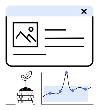 Digital interface with photo icon and text lines plant on coins growing line graph. Ideal for business, growth, strategy, finances, analytics, technology, investments. Line metaphor clipart