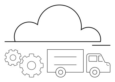 Bir bulut anahatının altındaki iki vitesin yanında bir kamyon. Bulut teknolojisi, lojistik, dağıtım hizmetleri, ulaşım, otomasyon, tedarik zinciri ve altyapı kavramları için ideal. Satır metaforu