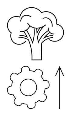 Ağaç, mekanik teçhizat ve yukarı doğru ok ekolojik büyümeyi ve teknolojik gelişimi vurguluyor. Sürdürülebilirlik projeleri, çevre dostu girişimler, büyüme kavramları, çevre için ideal