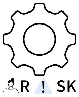 Gear outline, warning triangle, text RISK, silhouetted person. Ideal for business strategy, system optimization, operational risk, process improvement technology management engineering safety. Line clipart