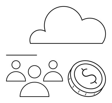 Bulut, bir grup insan ve dijital teknoloji, ağ kurma, bulut hesaplama, online finans, takım çalışması, sanal işbirliği yapan dolar para ikonları. Çevrimiçi işletmeler için ideal.