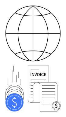 Enlem ve boylam çizgileri olan dünya, fatura belgeleri, dolar işaretli bozuk paralar. Finans, muhasebe, küresel işletme, ekonomi, fatura işlemleri için idealdir. Çizgi