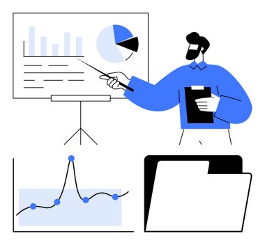 Adam verileri dosya panosuyla tartışıyor. İş çözümleri, eğitim, analitik, strateji, planlama, liderlik, iletişim için idealdir. Satır metaforu