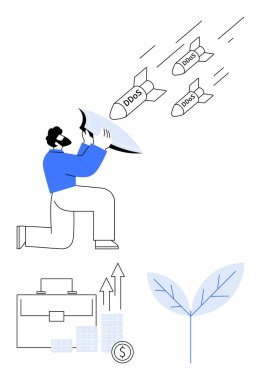 Kalkanla gelen DDoS saldırılarını engelleyen adam yanında bir evrak çantası, büyüme grafiği, madeni paralar ve yaprak ikonları da var. Siber güvenlik, veri koruması, iş stratejisi, büyüme finansmanı için ideal