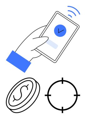 El ele tutuşan akıllı telefon, işaretli kablosuz sinyal, dolar parası, dairesel hedef. Çevrimiçi işlemler, e-ticaret, güvenlik, finans, teknoloji dijital cüzdan iş stratejileri için ideal