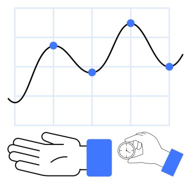 Veri noktaları bir ızgaraya yerleştirilmiş çizgi grafiği. Kronometreyi başka bir elin yanında tutuyor. Performans izleme, zaman yönetimi, analitik, üretkenlik, iş büyümesi, verimlilik için ideal