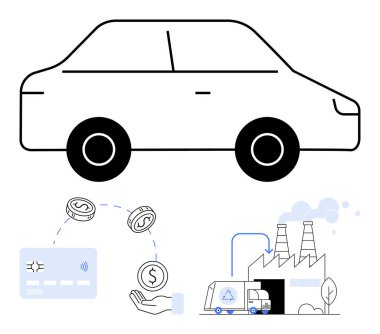 Ödeme kartının ve döviz takas ikonlarının üzerinde otomobil ana hatları. Teslimat kamyonlu fabrika. Otomotiv endüstrisi için ideal, dijital işlemler, döviz kurları, üretim süreçleri, iş