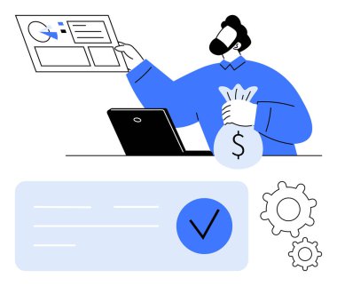 Elinde para çantası olan bir işadamı dizüstü bilgisayardaki mali raporları, işaret sembolünü, vites kutusunu inceliyor. Finans, muhasebe, iş planlaması, bütçe hesaplaması, yatırım denetimleri proje yönetimi için idealdir. Başarı