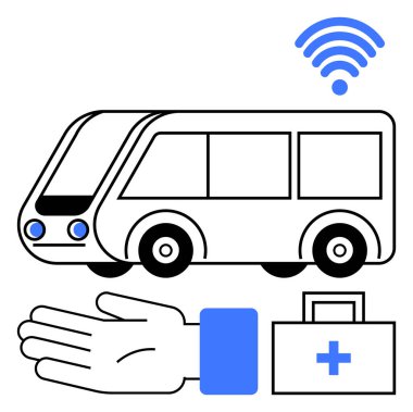 Otobüs, kablosuz sembol, uzanmış el, ilk yardım çantası. Akıllı şehir planlaması, halk sağlığı, teknoloji entegrasyonu, ulaşım, güvenlik programları acil durum hazırlığı için ideal modern