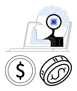 İçinde yapay zeka çipi olan kafa dizüstü bilgisayar ekranına dayanıyor. Altında dolar işareti ve bozuk para var. Yapay zeka, finans, teknoloji, yenilik, dijital ödemeler, finansal büyüme ve otomasyon için ideal. Çizgi