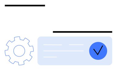 Gear icon next to a check-marked task on a simple interface. Ideal for project management, software settings, tech services, efficiency, productivity tools, completed tasks, user interfaces. Line clipart