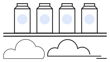 Dört süt kutusu, her birinin mavi bir dairesi var, iki basit çizgi bulutunun üzerinde bir rafta dizilmişler. Süt ürünleri için ideal, minimalist tasarım, market, ambalaj, ürün teşhisi, gıda
