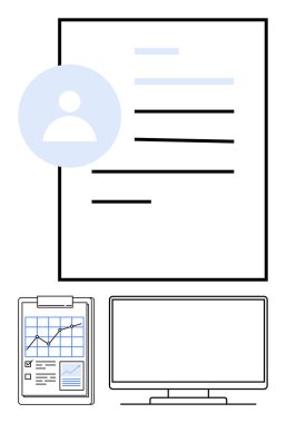 Profil simgesi, tablet üzerinde analiz ve bilgisayar monitörü ile devam et. İş başvuruları, kariyer koçluğu, dijital portföy, kişisel markalaşma, çalışan eğitimi, insan profilleri için ideal