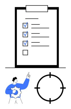 Kontrol listesi öğeleri olan bir pano, teçhizatlı bir insan figürü ve bir hedef sembolü. Üretim, organizasyon, planlama, hedef belirleme, proje yönetimi, iş stratejisi çalışma akışı için ideal