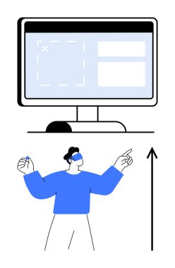 Yukarıya doğru hareket eden bir kişinin üzerinde yapay zeka elemanları olan bilgisayar monitörü. Teknoloji, eğitim, yaratıcılık, dijital tasarım, yenilik, insan etkileşimi ve gelecek için idealdir. Satır metaforu