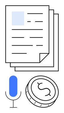 Kağıt yığınları çizgiler ve kare şeklinde, mavi mikrofon, dolar işaretli para, finans ve iletişimi gösteriyor. İçerik oluşturma, podcastlar, finans, medya, ekonomi röportajları için ideal