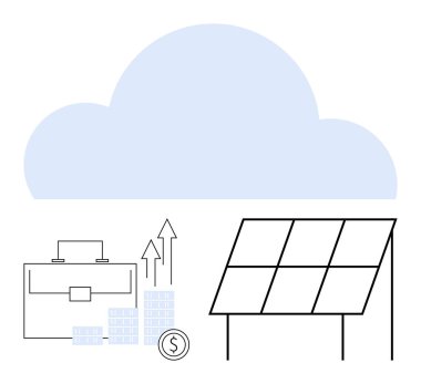 Evrak çantasının üstündeki bulut, okları, bozuk paraları ve güneş panelini temsil eden iş büyümesini, finansmanı, yenilenebilir enerji ve teknolojiyi temsil eden bar tablosu. Sürdürülebilirlik ve finansman için ideal bulut hesaplama