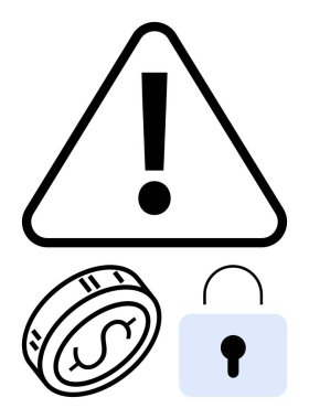 Ünlem işareti, dolar parası ve asma kilit içeren uyarı üçgeni. Mali ihtiyat, güvenlik ve risk yönetimini simgeliyor. Maliye, güvenlik, alarmlar ve siber güvenlik riski için ideal