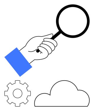 Elleri vites üzerinde büyüteç ve bulut simgeleri ile arama, analiz, geliştirme ve teknolojiyi sembolize ediyor. İş, teknoloji, araştırma, yenilik, bulut hesaplama geliştirme için ideal