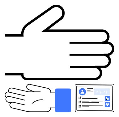 Siyah beyaz el çizgisi, mavi bileklik, kullanıcı fotoğraflı sağlık kartı, kalp simgeleri, yaşam belirtileri. Sağlık hizmetleri, erişim kontrolü, tıbbi kayıtlar, kişisel sağlık hastaları için ideal