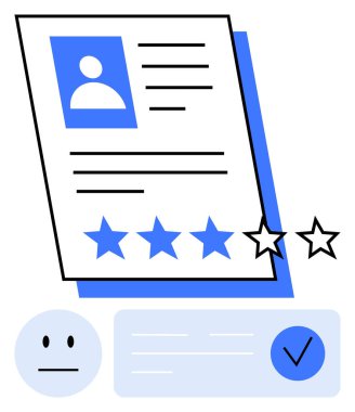 Profil fotoğrafı ve metinle devam et, dört yıldızlı derecelendirme, doğrulama işaretleri ve tarafsız yüz simgesi. İş başvuruları, performans değerlendirmeleri, aday değerlendirmesi, çalışan geri bildirimi, kariyer için ideal