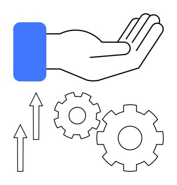 Yukarı doğru iki oklu iki vitesi destekleyen uzatılmış el, büyümeyi, ilerlemeyi ve desteği vurguluyor. İş geliştirme, endüstriyel büyüme, teknik destek, takım çalışması ve yenilik için ideal