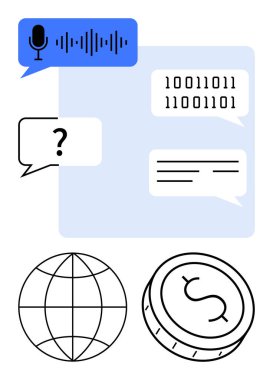 Ses dalgalı konuşma balonu, sohbet baloncuklarında ikili kod, küre ve dolar para. Teknoloji, iletişim, kodlama, finans ağı küresel ticari yapay zeka uygulamaları için idealdir. Satır metaforu