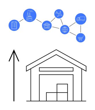 Fabrika, pano, uçak, kamyon, dünya, alışveriş arabası gibi malzeme zinciri elementleri depo kutuları ve yukarı doğru ok ile bir depo ikonu üzerinde birbirine bağlı. Lojistik ve iş için ideal