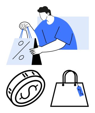 Çizgi filmci elinde yüzde işareti olan alışveriş torbaları dolar sembollü sikke ve etiketli alışveriş çantası tutuyor. Perakende satış, indirim, satış, e-ticaret, alışveriş finans promosyonları için ideal. Çizgi