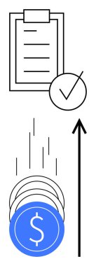 Tamamlanmış işaretli panodaki kontrol listesi, bozuk paraların düşmesi ve yukarı bakan okla üst üste yığılması. Görev yönetimi için ideal, mali büyüme, başarı izleme, iş hedefleri