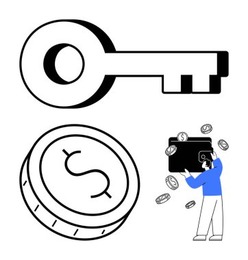 Dolar sembollü büyük bir anahtar ve bozuk para. Düşen bozuk paralarla cüzdan tutan bir adam. Finans, yatırım, güvenlik, dijital ödemeler, online bankacılık, kripto para tasarrufu için ideal. Satır metaforu