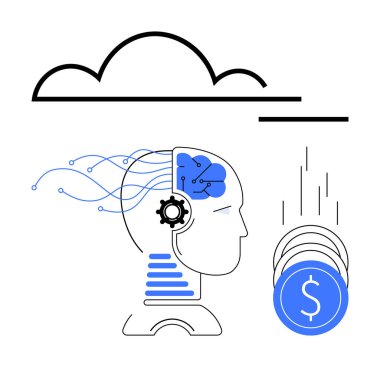 Yapay zekaya sahip insan kafası, yukarıdaki bulut ve madeni kazançları simgeleyen madeni paralar. Sinirsel bağlantılar, dişliler ve düşen paralar. Teknoloji, finans, bulut hesaplama yatırım otomasyonu için ideal