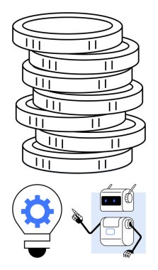 Robotu işaret eden bozuk para yığını, ve ampulün içine dişli. Finans, otomasyon, yenilik, teknoloji, verimlilik, para yönetimi ve robotik için ideal. Satır metaforu