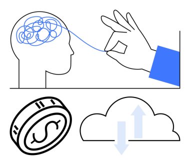 Kafa karıştırıcı düşünceler, dolar işaretli madeni paralar, oklu bulutlar. Ruh sağlığı, finansal planlama, teknoloji, veri yönetimi, bulut depolama yatırım eğitimi için idealdir. Satır metaforu