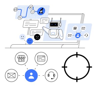 Laptoplu yapay zeka sohbet robotu, diyalog kutuları, müşteri simgeleri, geri bildirim duyguları, mesaj sembolleri ve hedef simgesi. Müşteri hizmetleri, yapay zeka entegrasyonu, kullanıcı deneyimi için ideal sanal destek