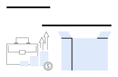Çanta, istiflenmiş paralar, yukarı doğru oklar ve açık paketin yanında minimalist tarzda para. Ticari büyüme, yatırım, başarı, mali planlama, girişimcilik ekonomik ilerleme için ideal