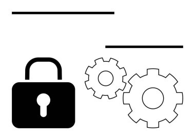 Asma kilit, iki vites ve otomasyonu temsil eden iki dişlinin yanında güvenliği simgeliyor. Siber güvenlik, veri koruması, yazılım geliştirme, sistem yönetimi, bilişim hizmetleri, gizlilik için ideal