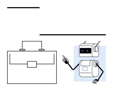 Anten ve ekran gözlü gelecekçi robot, büyük bir evrak çantasına bakıyor, çalışmayı, teknolojiyi, yeniliği ve otomasyonu sembolize ediyor. İş için ideal, teknoloji, gelecekteki işyeri, Al