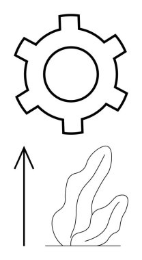 Yukarı ok ve soyut bitki üzerinde dişli tekerlek. Büyüme, endüstri, teknoloji, mekanik, geliştirme verimliliği ve iş için idealdir. Çizgi benzetmesi. Çizgi benzetmesi. Basit satır simgeleri