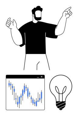 Adam bir eliyle yukarıyı, diğer eliyle aşağıyı gösteriyor. Ampulün yanında büyüyen finansal tablo. Sunumlar için ideal, finansal büyüme, iş stratejileri, yenilik, girişimler, veriler