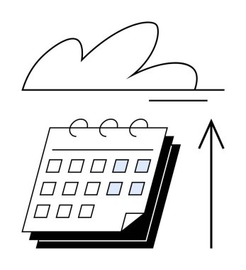 Sayfaları ve işaretlenmiş tarihleri olan takvim yukarı bakan ok, yukarıdaki bulut çizgisi. Ticari büyüme, planlama, zamanlama, hedef belirleme, ilerleme izleme, zaman yönetimi için ideal