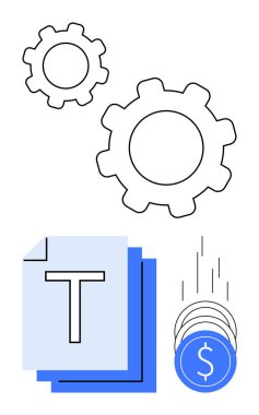 Büyük ve küçük vites simgeleri, büyük T harfli dokümanlar ve dolar işaretli bozuk paralar. İş, finans, teknoloji, üretkenlik, organizasyon ekonomisi iş akışı için idealdir. Çizgi