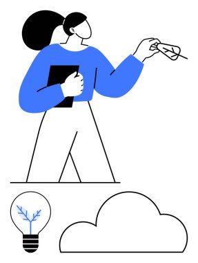 Elinde akıllı telefon ve defter, mavi ampul ve bulut simgesi olan bir kadın. Teknoloji, eğitim, yaratıcılık, yenilik, beyin fırtınası ve bulut hesaplama temaları için ideal. Satır metaforu