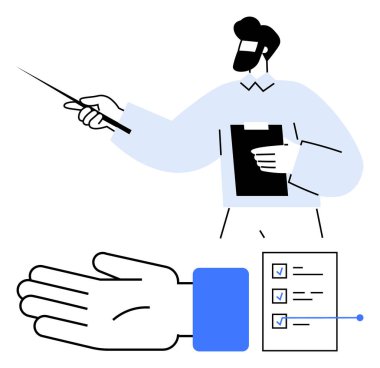Pano ve işaret panosu tutan adam, büyük el hareketi, işaretli kontrol listesi. İş eğitimi, öğretim, sunumlar, liderlik, görev yönetimi, organizasyon eğitimi için ideal